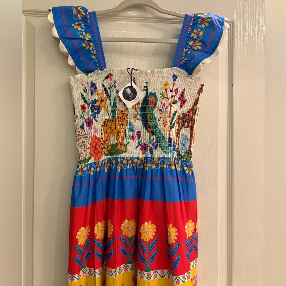 THML Tropical Animal Print Smocked Midi Dress Small Anthropologie NWT - Picture 12 of 16